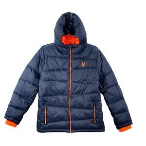Spyder Puffer Jacket Youth L 14/16 Blue Hooded Insulated Outerwear Ski Winter
